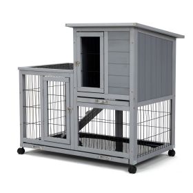 Detachable Rabbit Hutch with Removable Tray and Rolling Casters, Gray+White (Color: as Pic)