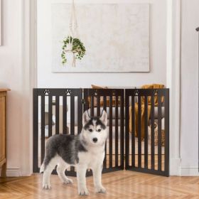 36 Inch Folding Wooden Freestanding Pet Gate Dog Gate with 360Â° Flexible Hinge (Color: Dark Brown)